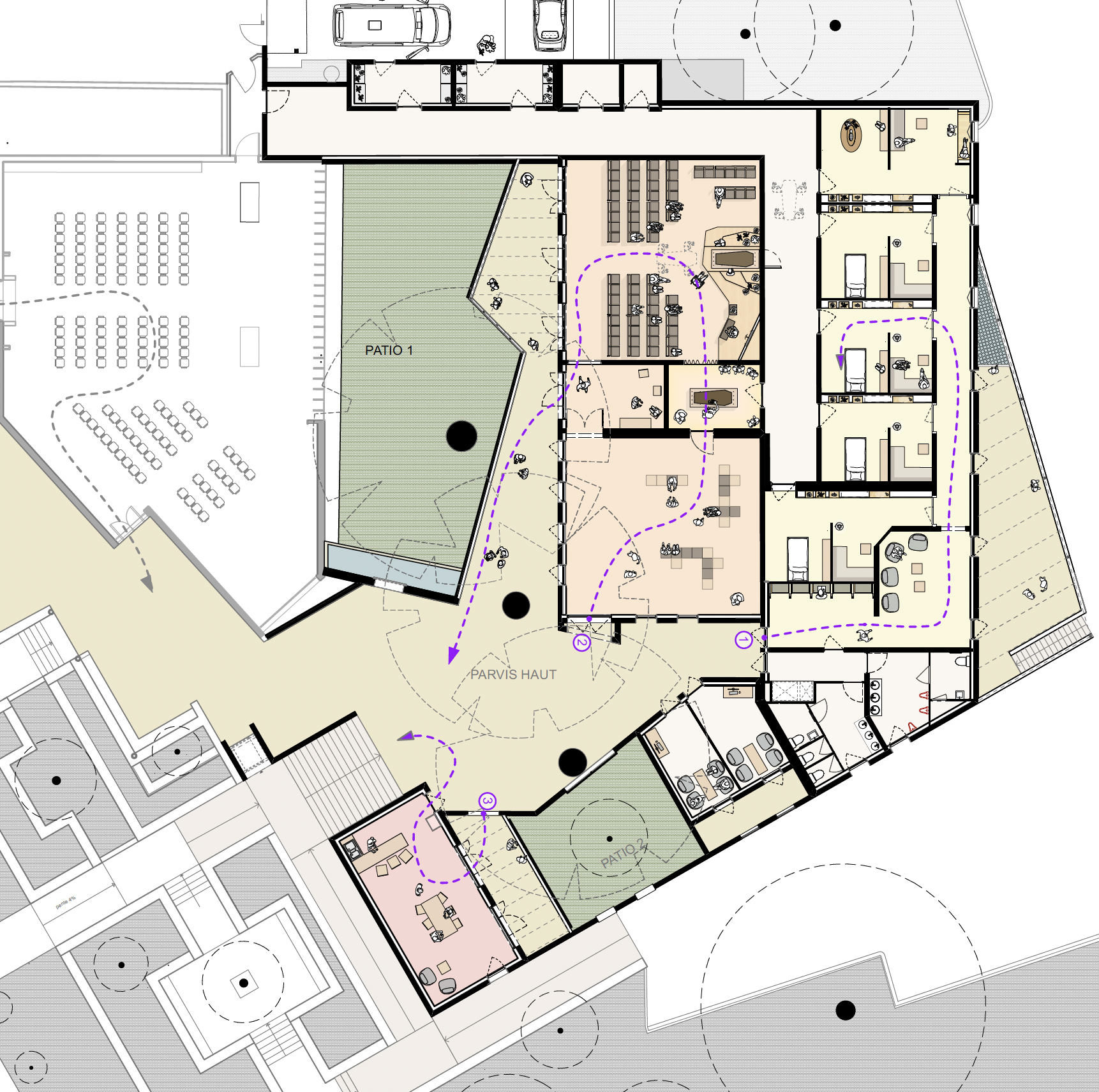 Plan du complexe funéraire de Grammont montrant les parcours des familles entre parvis, cérémonie, salons de veillée et espaces de convivialité.